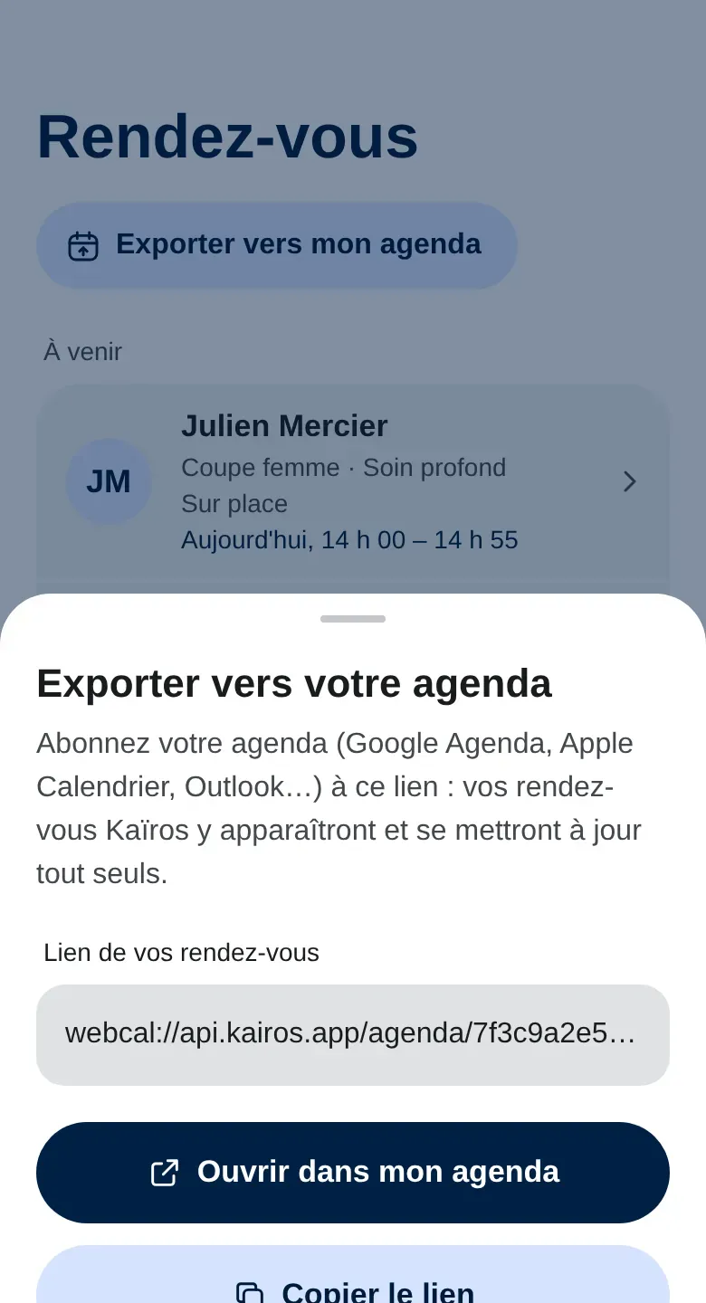Feuille Exporter vers votre agenda avec le lien privé