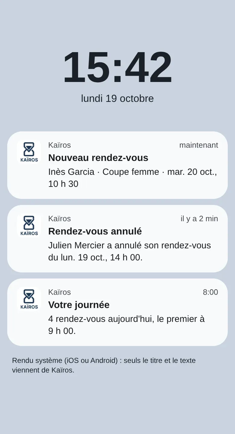 Notifications Kaïros sur l’écran de verrouillage d’un téléphone